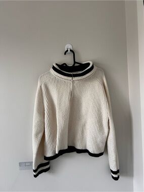 Mango Cream Ribbed Funnel Neck Sweater with Black Trim